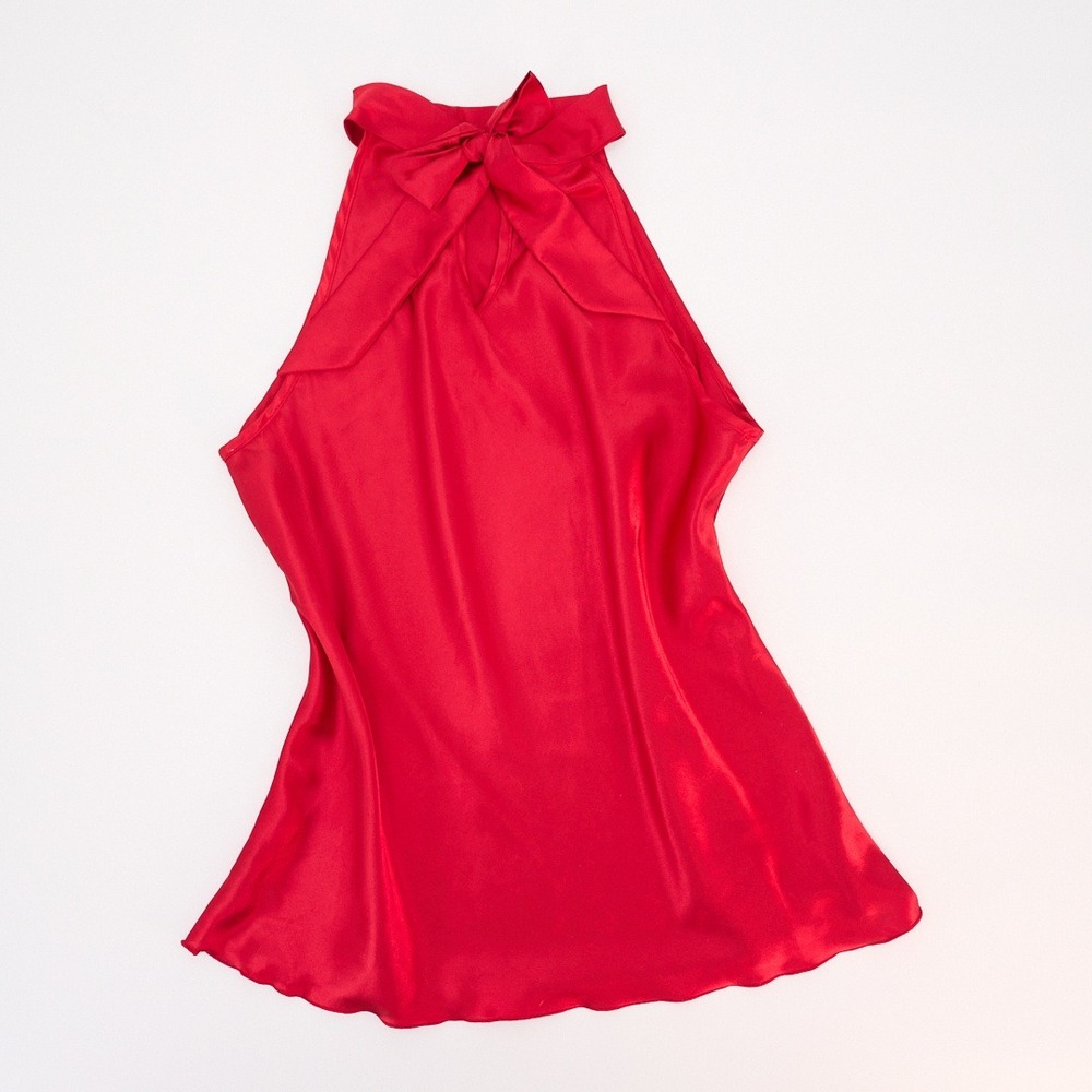 B. Wear Red Satin Halter Blouse Layered Petal Detail Bow Back - Picture 2 of 5